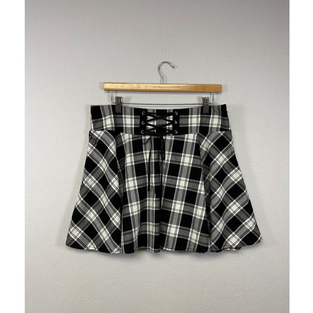 Grunge Goth Womens XL Black White Plaid Lace Up Corset A-Line Mini Skirt